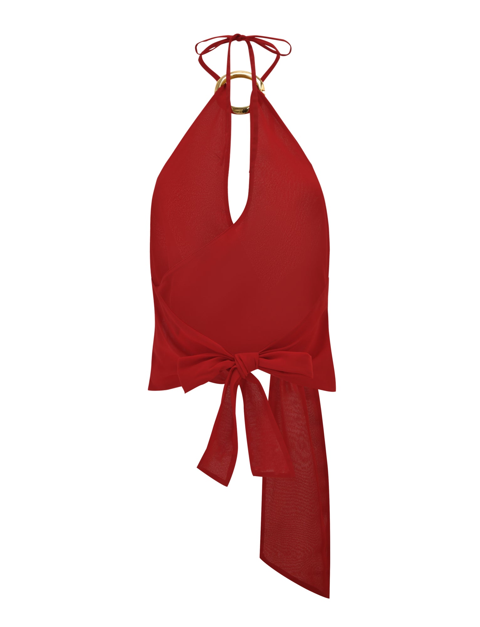 The INDIGO TOP - RED by TIGERMIST is a sleeveless chiffon halter with a deep V-neck, gold ring detail, and wide sash bow at the waist. Sheer and lightweight, it's ideal for any look.