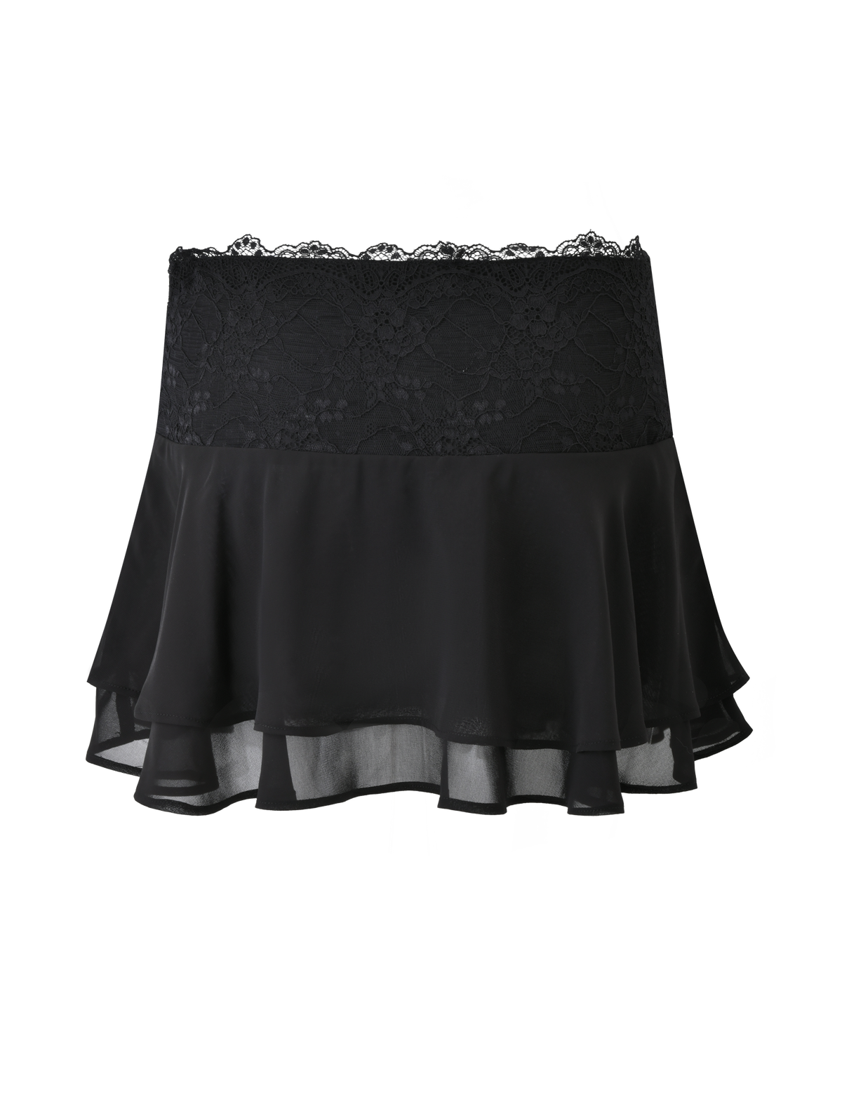The INDIGO SKIRT - BLACK by TIGERMIST is a feminine, flowy chiffon mini skirt featuring a wide lace waistband and a flared, layered sheer hem.