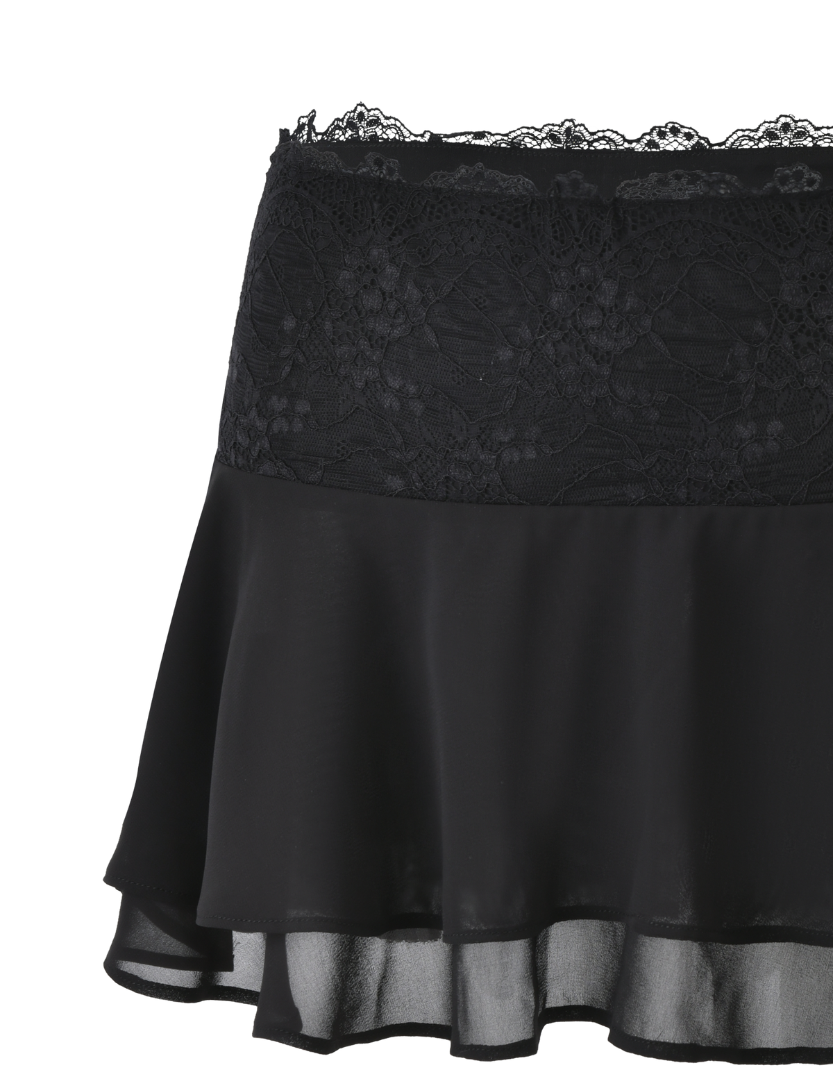 The INDIGO SKIRT - BLACK by TIGERMIST is a black chiffon mini skirt with a lace waistband, floral lace top detailing, and a sheer layered ruffled hem.