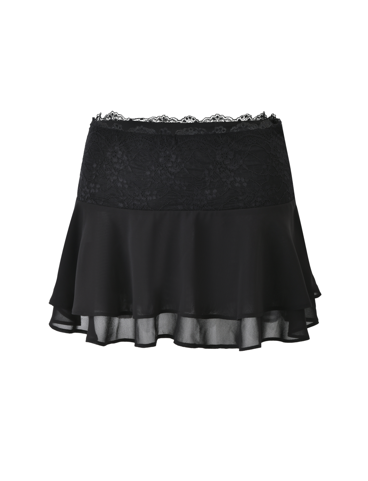 The INDIGO SKIRT - BLACK by TIGERMIST is a chic black chiffon mini skirt with a lace waistband and a layered, sheer, ruffled hem.