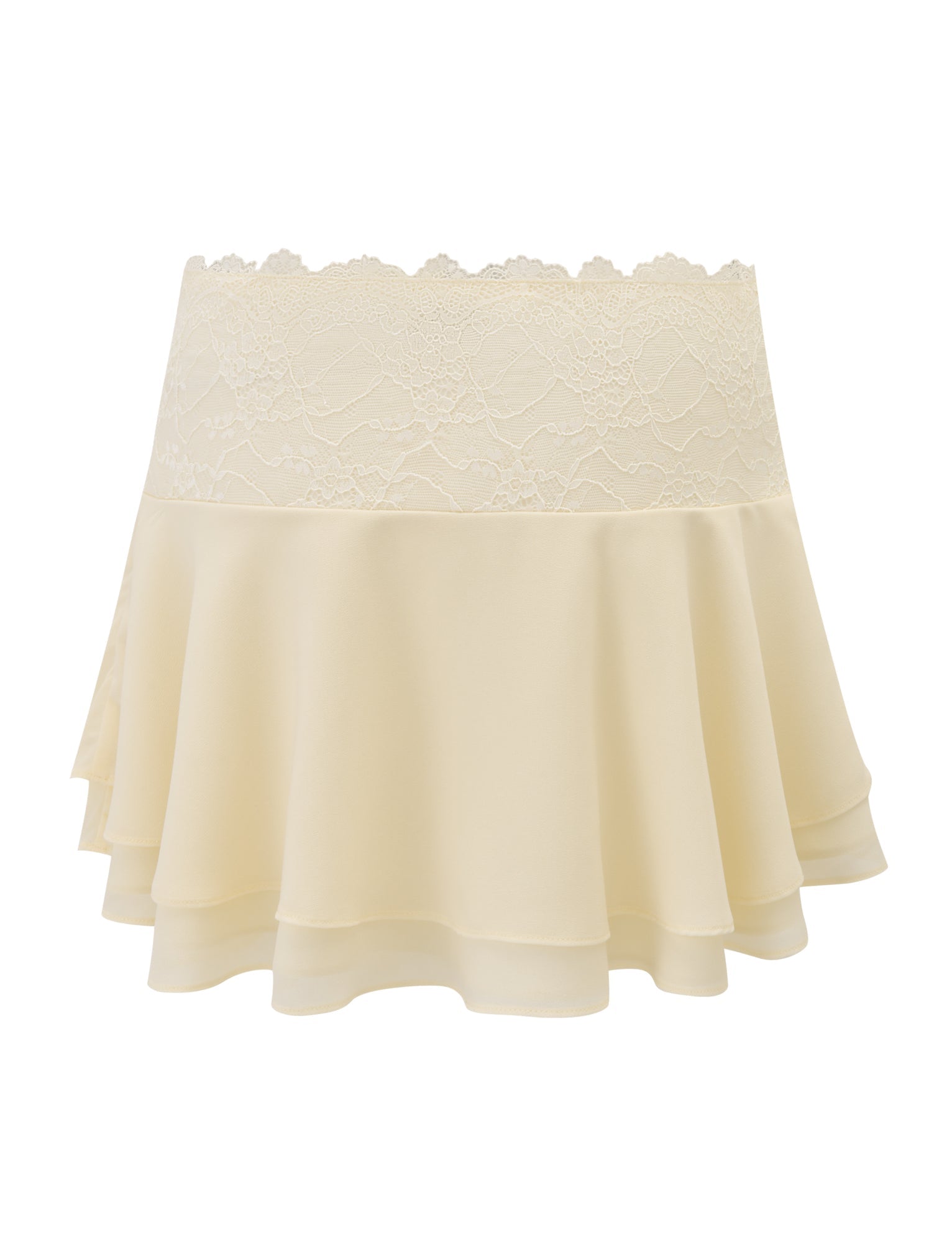 The TIGERMIST INDIGO SKIRT - IVORY is a cream-colored, knee-length skirt with a lace waistband and flared, tiered hem, shown against a white background.