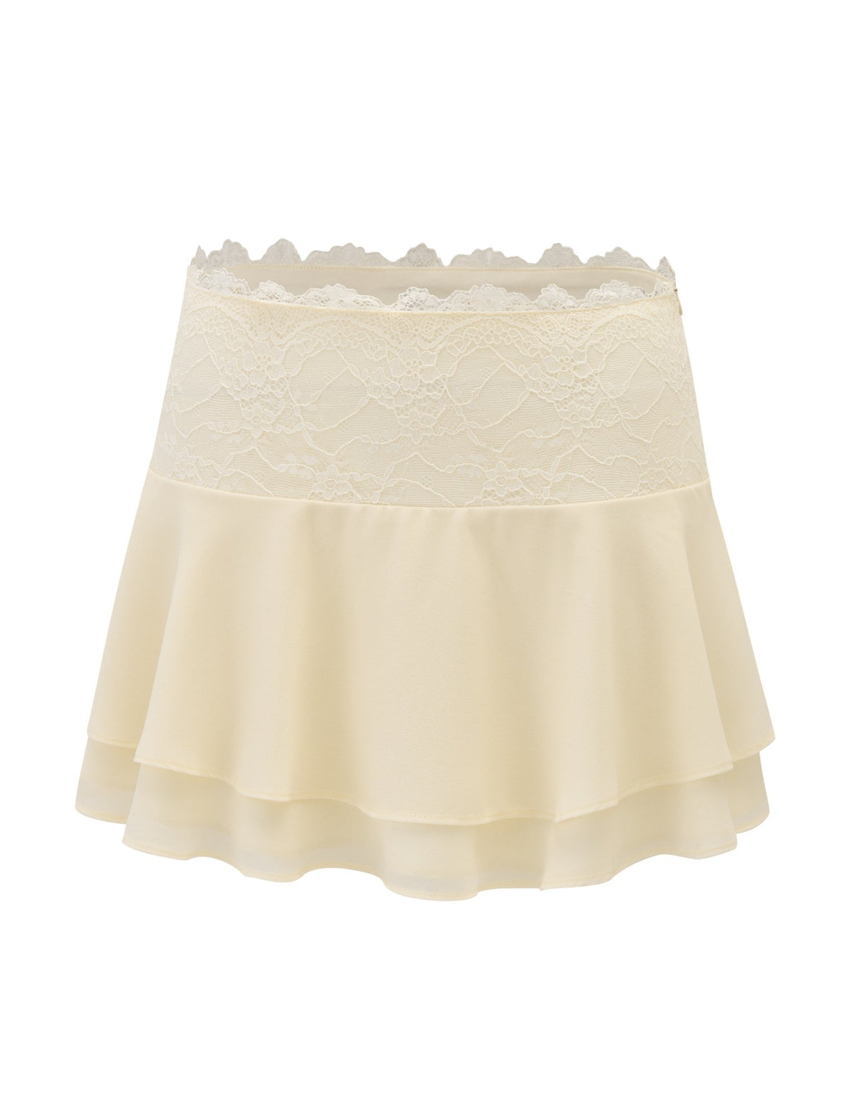 The INDIGO SKIRT - IVORY by TIGERMIST is a cream-colored mini skirt featuring a lace waistband, scalloped edge detailing, and a tiered, flared ruffle design made from soft, lightweight fabric.