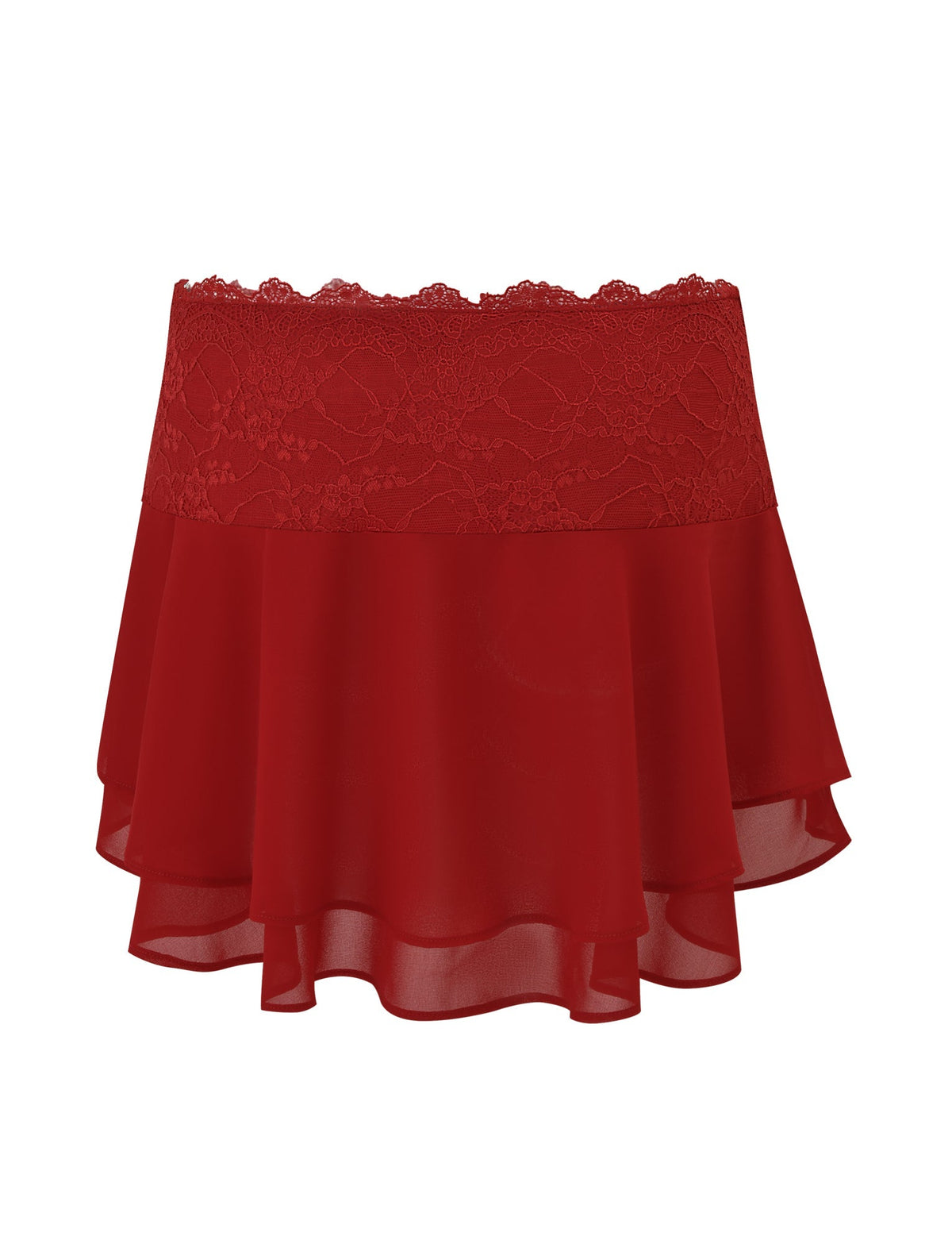 The INDIGO SKIRT - RED by TIGERMIST is a short red chiffon mini skirt featuring a lace waistband, flowy layered hem, and tiered design for a feminine, elegant look.