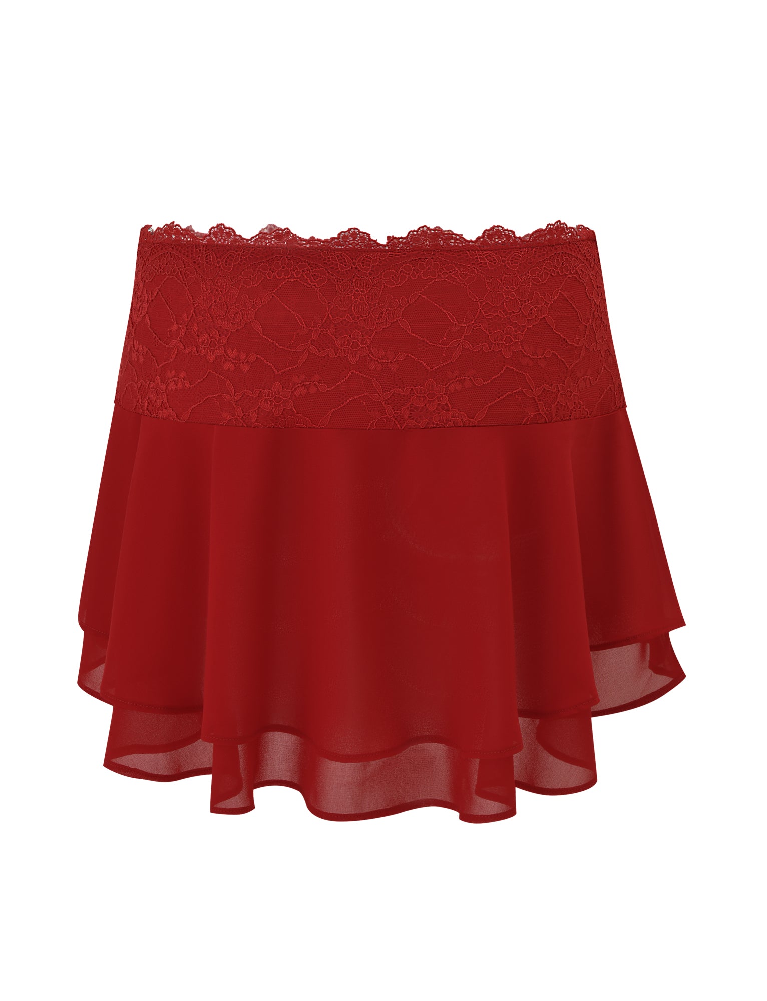 The INDIGO SKIRT - RED by TIGERMIST is a short red chiffon mini skirt featuring a lace waistband, flowy layered hem, and tiered design for a feminine, elegant look.