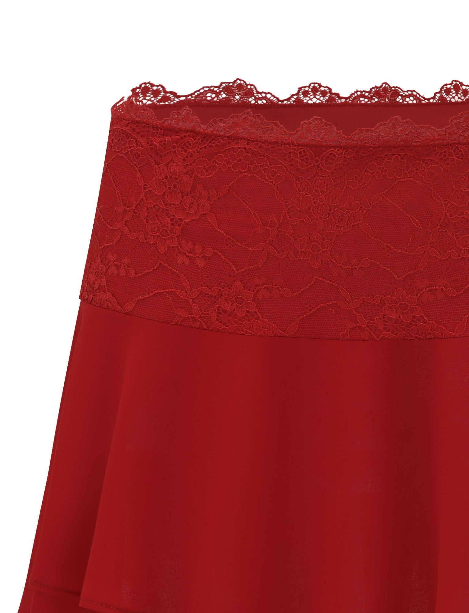 A close-up of the TIGERMIST INDIGO SKIRT - RED, a mini skirt with a wide floral lace waistband and smooth, flowing chiffon fabric.