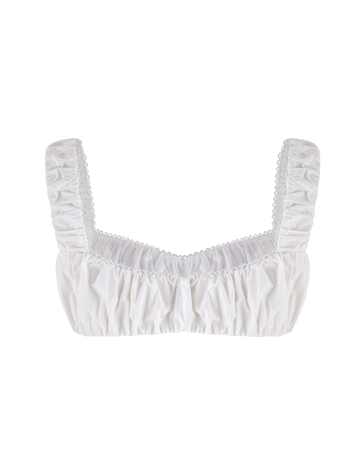 The SABRA TOP - WHITE by TIGERMIST is a cotton poplin cropped top featuring wide ruched straps, gathered fabric details, a simple square neckline, and an elasticized hem for a fitted, textured look.