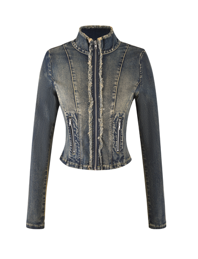 The TIGERMIST OPHELIE JACKET in denim blue features a vintage wash, long sleeves, stand collar, front zipper, vertical seams, distressed edges, and zippered pockets for an effortlessly stylish moto look.