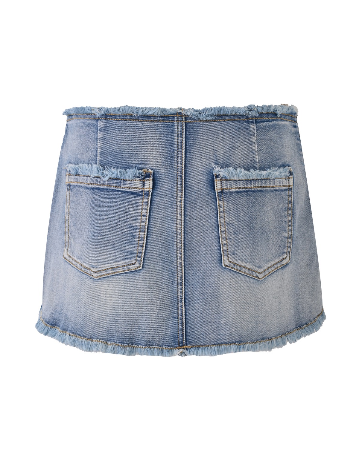The TIGERMIST OPHELIE SKORT - DENIM is a blue mini skort featuring frayed edges and two back pockets, shown against a white background.
