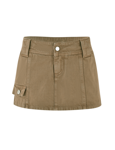 TIGERMIST ZELIE MINI SKORT in washed tan features front button and zipper closure, seam details, belt loops, and side flap pockets, shown against a white background.