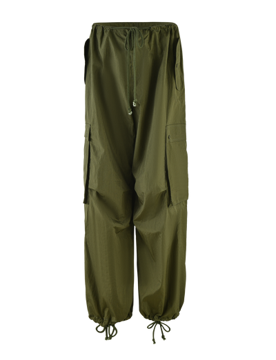 TIGERMIST VIOLETTE PANT in khaki green features an elastic drawstring waist, ankle ties, large side pockets, adjustable fit, and a relaxed loose style.