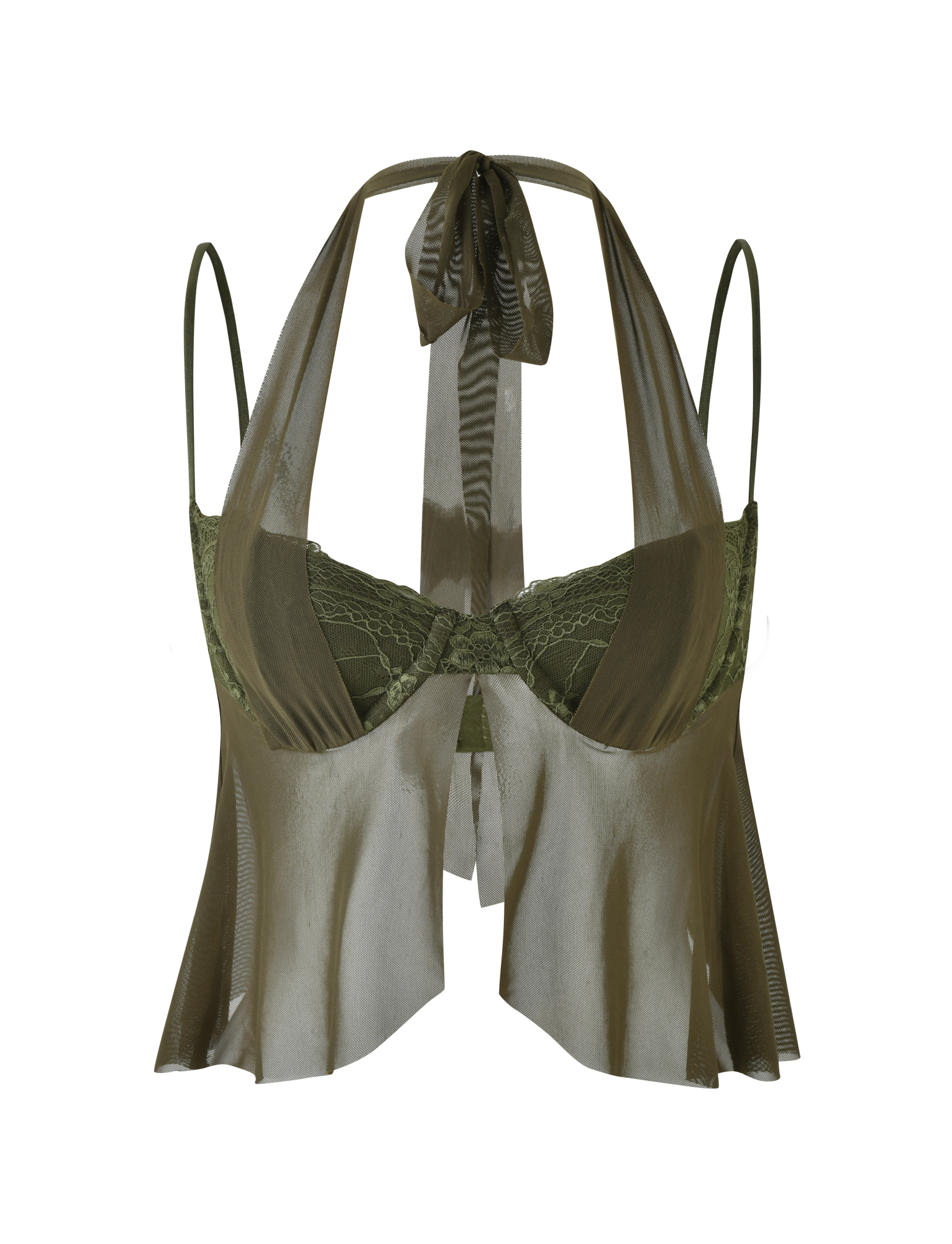 The TIGERMIST ADELINA TOP in khaki green features sheer lace cups, thin adjustable straps, a wide ribbon tie at the neck, and flowing side panels for an elegant look.