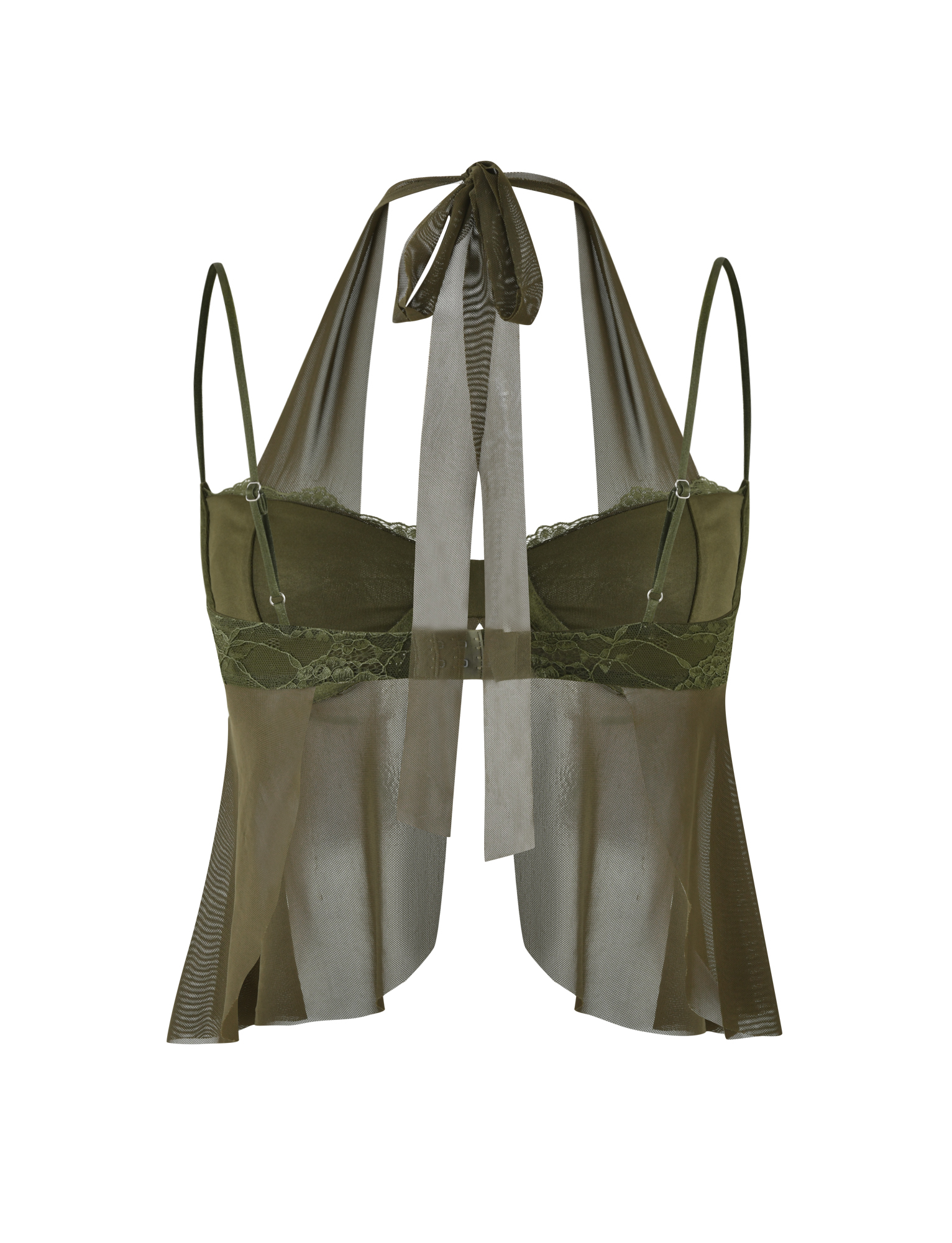 The TIGERMIST ADELINA TOP in khaki green features sheer lace and mesh detailing, thin adjustable halter straps with a bow tie at the neck, plus flowing semi-transparent panels at the sides and back.