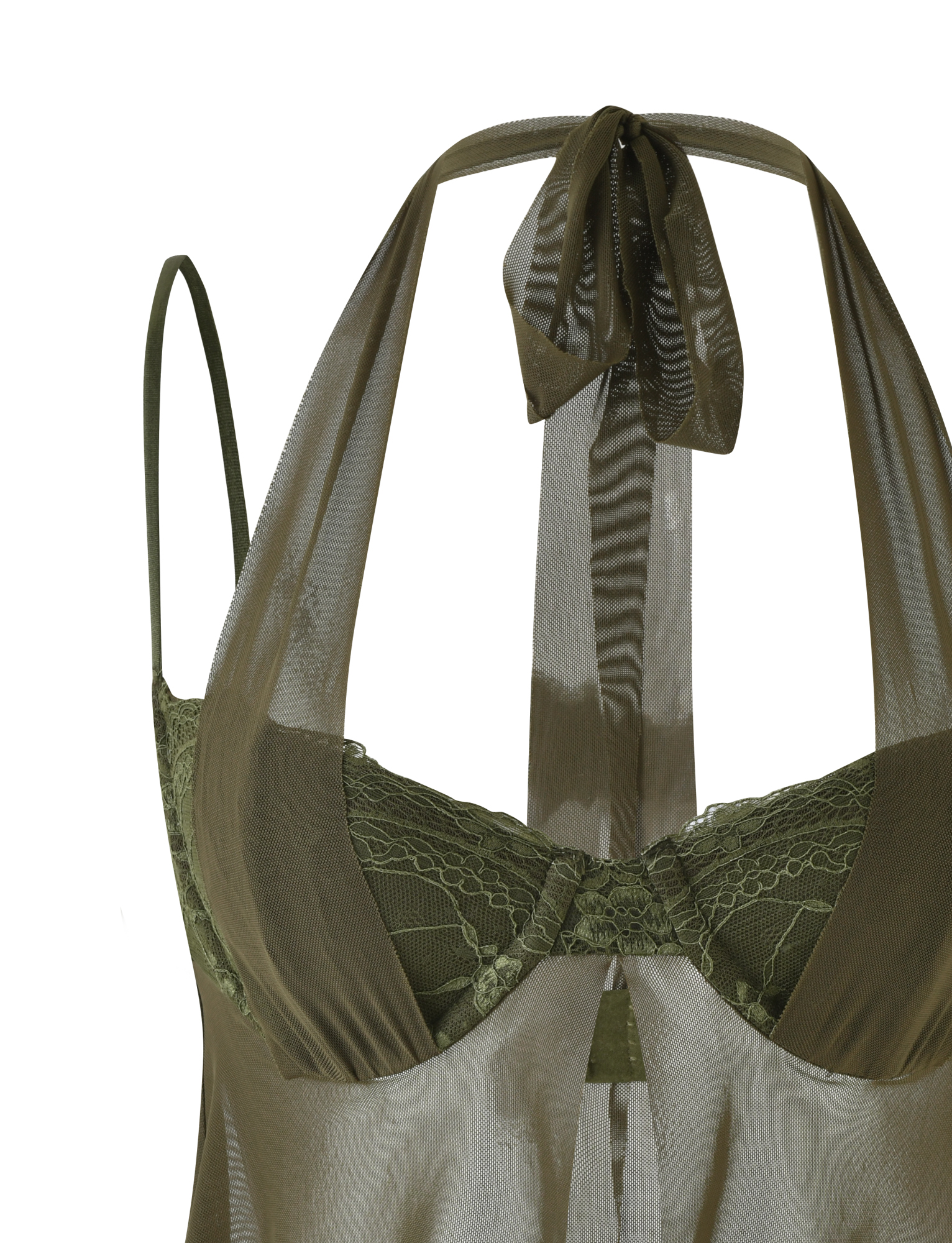 The ADELINA TOP by TIGERMIST in khaki green features a halter style with tied neck ribbon, semi-sheer mesh accents, and intricate lace on the cups for a touch of allure.