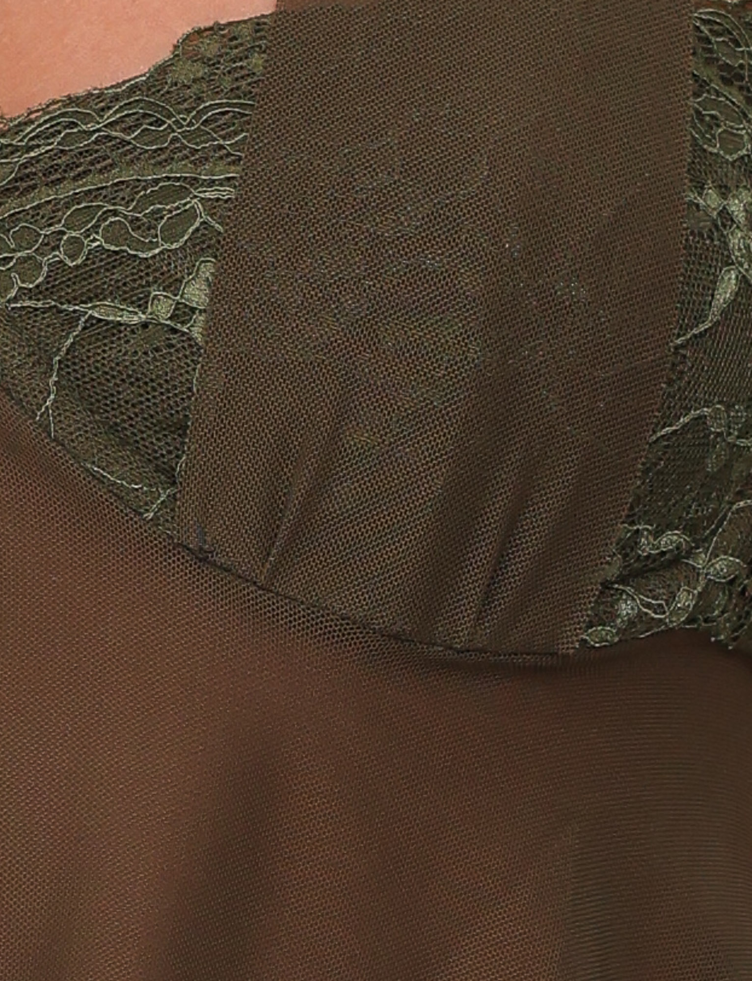 Close-up of the TIGERMIST ADELINA TOP in Khaki Green, featuring brown fabric with lace edge trim, mesh accents, textured finishes, and detailed stitching.