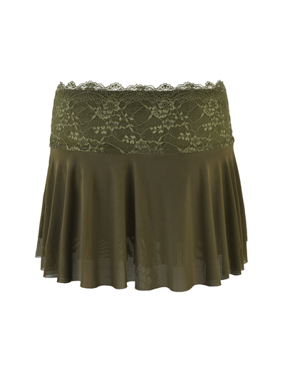 The TIGERMIST ADELINA MINI SKIRT in khaki green features a floral lace ivory waistband and a flared, flowy silhouette, crafted from satin and lace. Displayed on a white background.