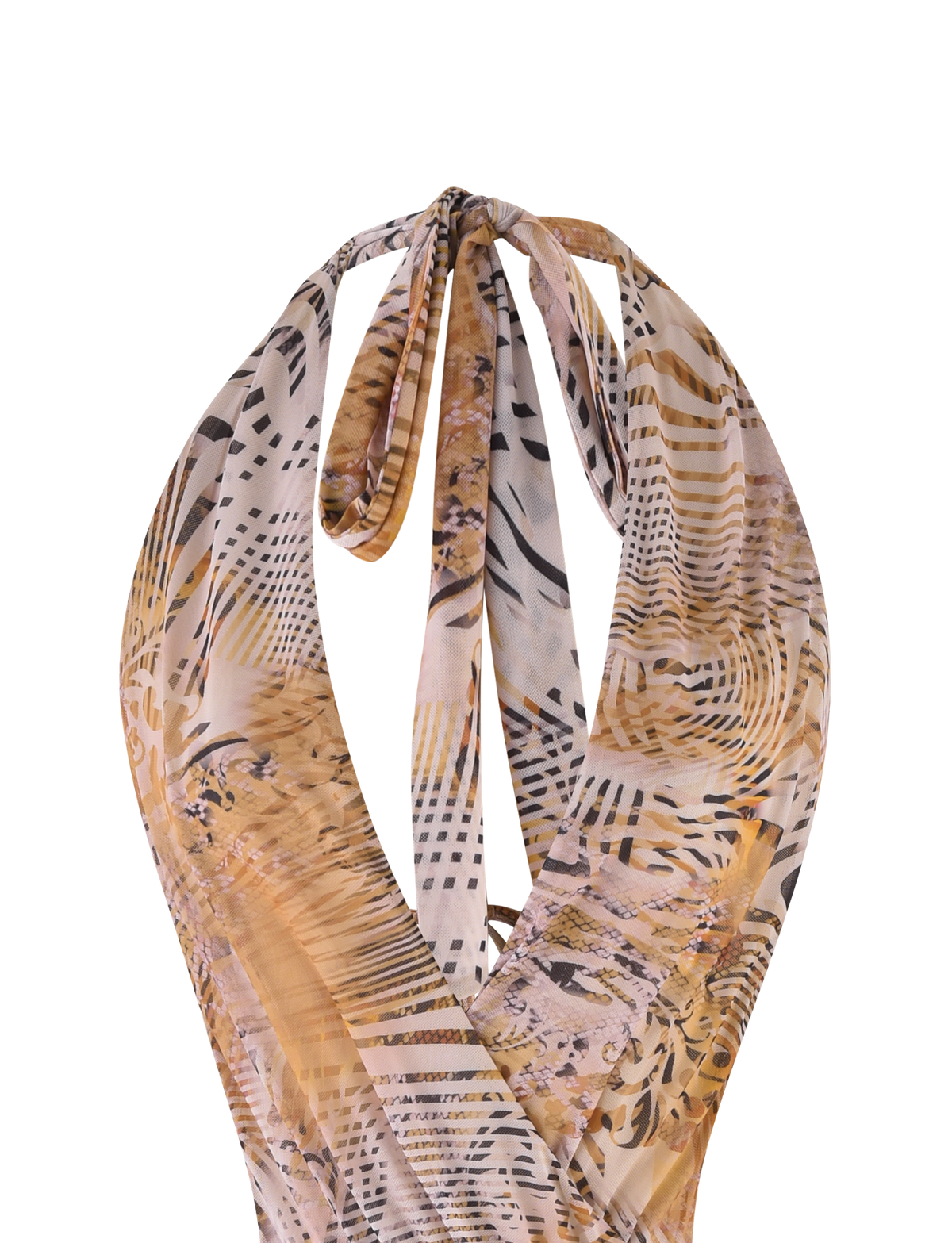 The YARA MINI DRESS – NEUTRAL: ANIMAL MARBLE by TIGERMIST features an animal-inspired marble print in beige, brown, and black—perfect for a chic look when paired with a patterned lightweight scarf or halter neck style.