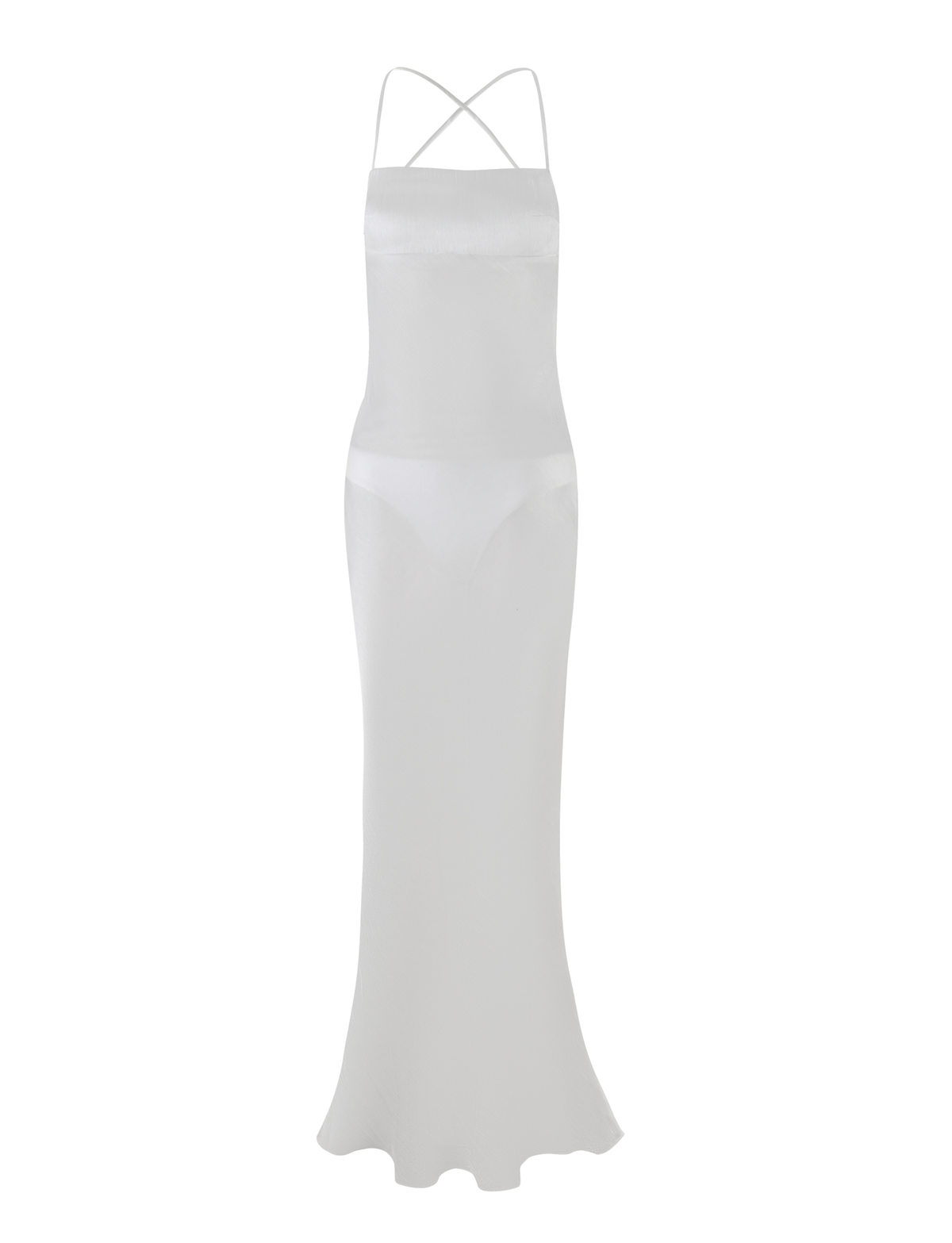 The TIGERMIST KIAH MAXI DRESS - WHITE: ICE is a long, white bias-cut maxi with adjustable criss-cross straps, fitted bodice, open back, and slightly flared hem for an elegant sleeveless look.