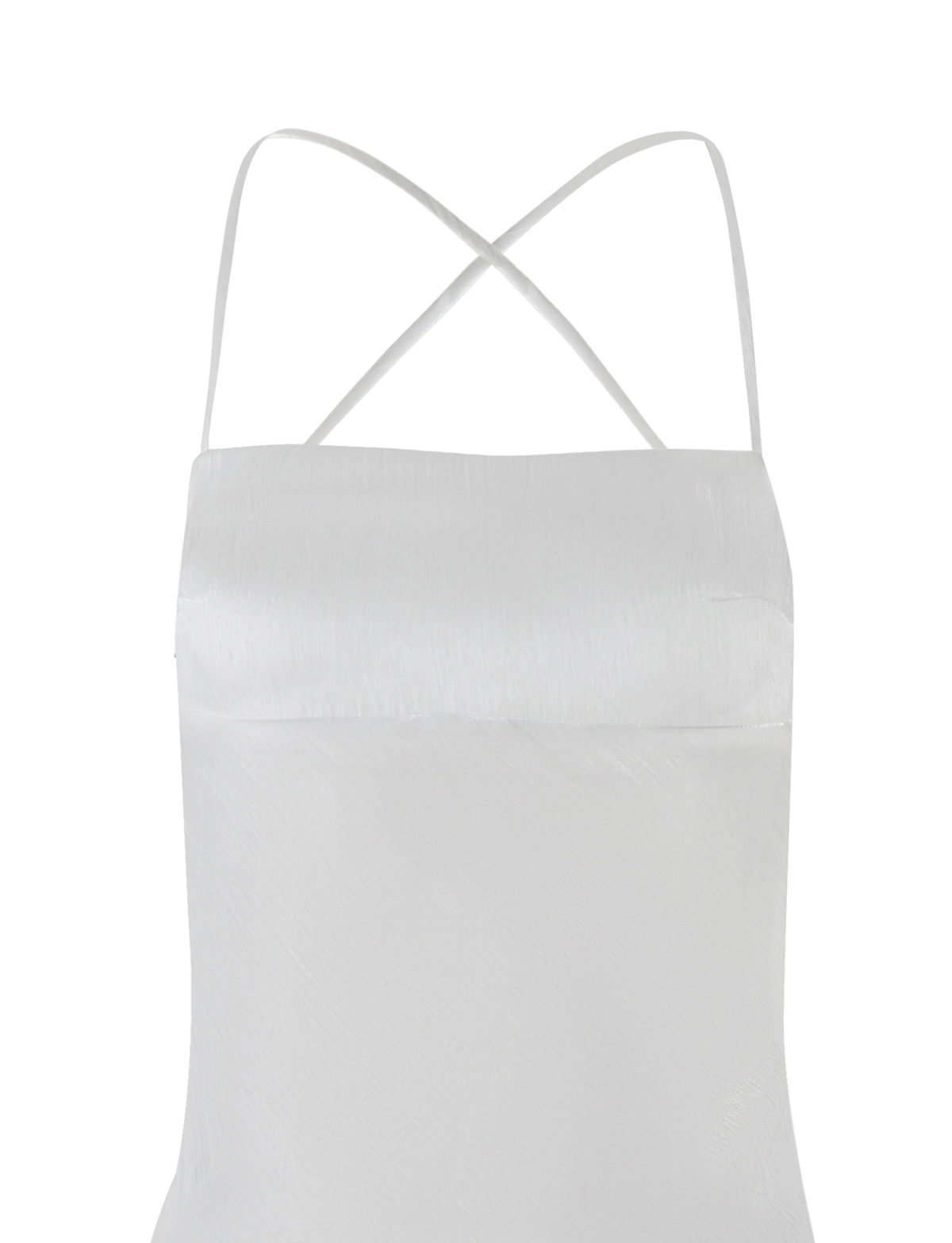 Front view of the TIGERMIST KIAH MAXI DRESS - WHITE : ICE, featuring a bias cut, adjustable crisscrossed shoulder straps, open back, and white satin fabric with a subtle sheen and smooth texture.