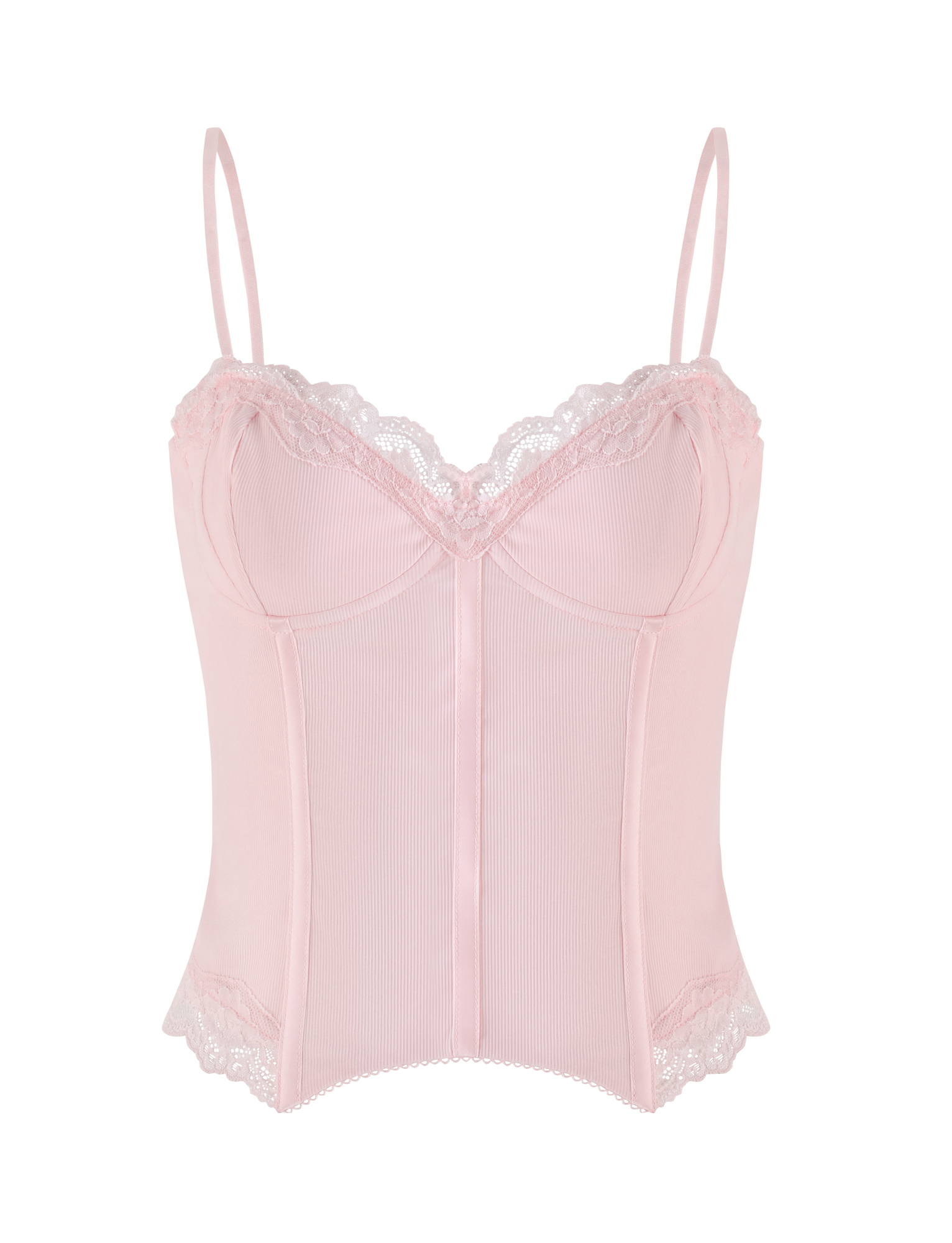 The TIGERMIST NILA CORSET TOP in Soft Pink is a lightweight jersey camisole with thin adjustable straps, delicate lace trim at the bust and hem, vertical front seams, and a slightly ribbed texture.