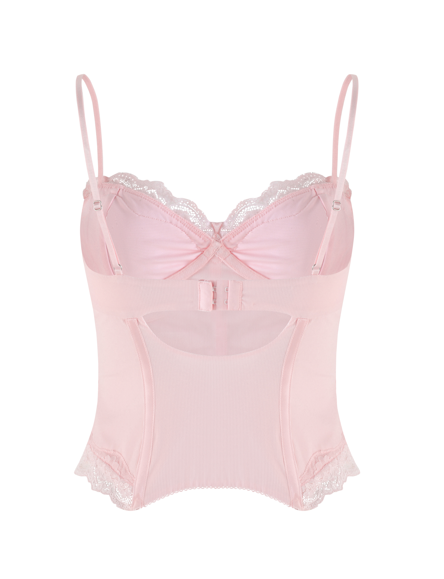 The NILA CORSET TOP by TIGERMIST is a soft pink, sleeveless camisole with thin adjustable straps, lace trim on top and bottom edges, semi-sheer lightweight jersey fabric, and a hook-and-eye closure at the back.