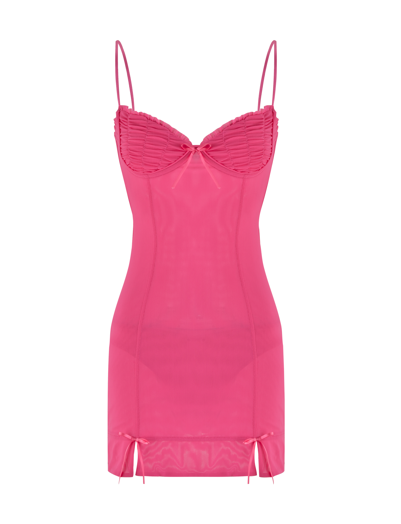 The TIGERMIST KAIRI MINI DRESS - PINK : FUSCHIA features adjustable straps, ruched cups, a bow at the bust, two bows near the hem, and curve-hugging semi-sheer mesh for a bold, flirty look.