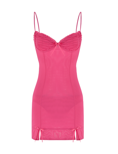 The TIGERMIST KAIRI MINI DRESS - PINK : FUSCHIA features adjustable straps, ruched cups, a bow at the bust, two bows near the hem, and curve-hugging semi-sheer mesh for a bold, flirty look.