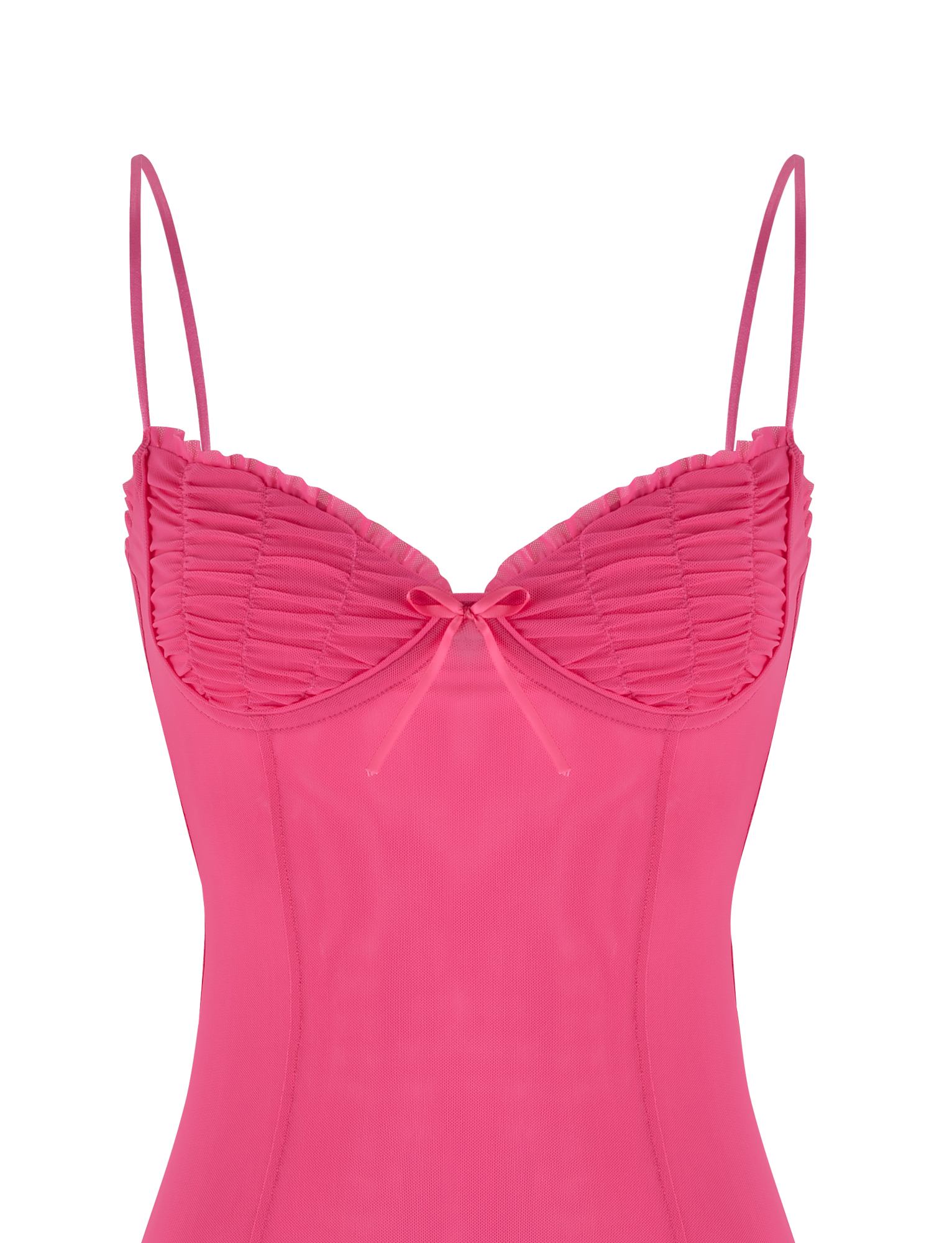A close-up of the KAIRI MINI DRESS - PINK: FUSCHIA by TIGERMIST, featuring pink mesh fabric, adjustable shoulder straps, ruched bust detailing, and a small center bow. The background is plain white.