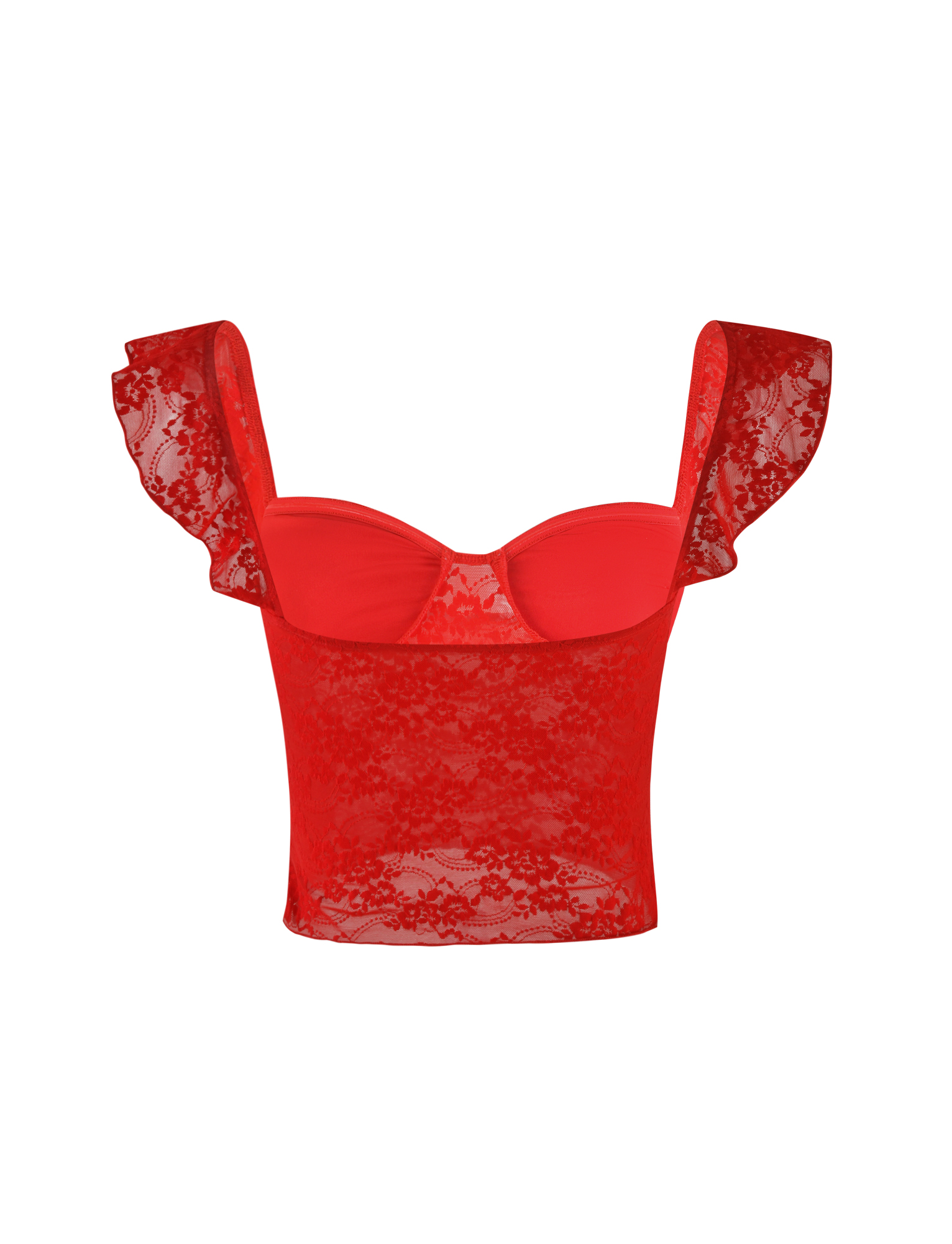 The LORNA TOP - RED by TIGERMIST features vibrant red sheer floral lace, frilled cap sleeves, a sweetheart neckline, and a fitted, structured bust. Shown against a white background.