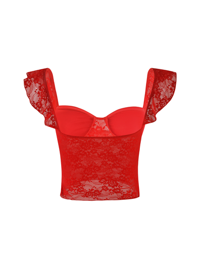 The LORNA TOP - RED by TIGERMIST features vibrant red sheer floral lace, frilled cap sleeves, a sweetheart neckline, and a fitted, structured bust. Shown against a white background.