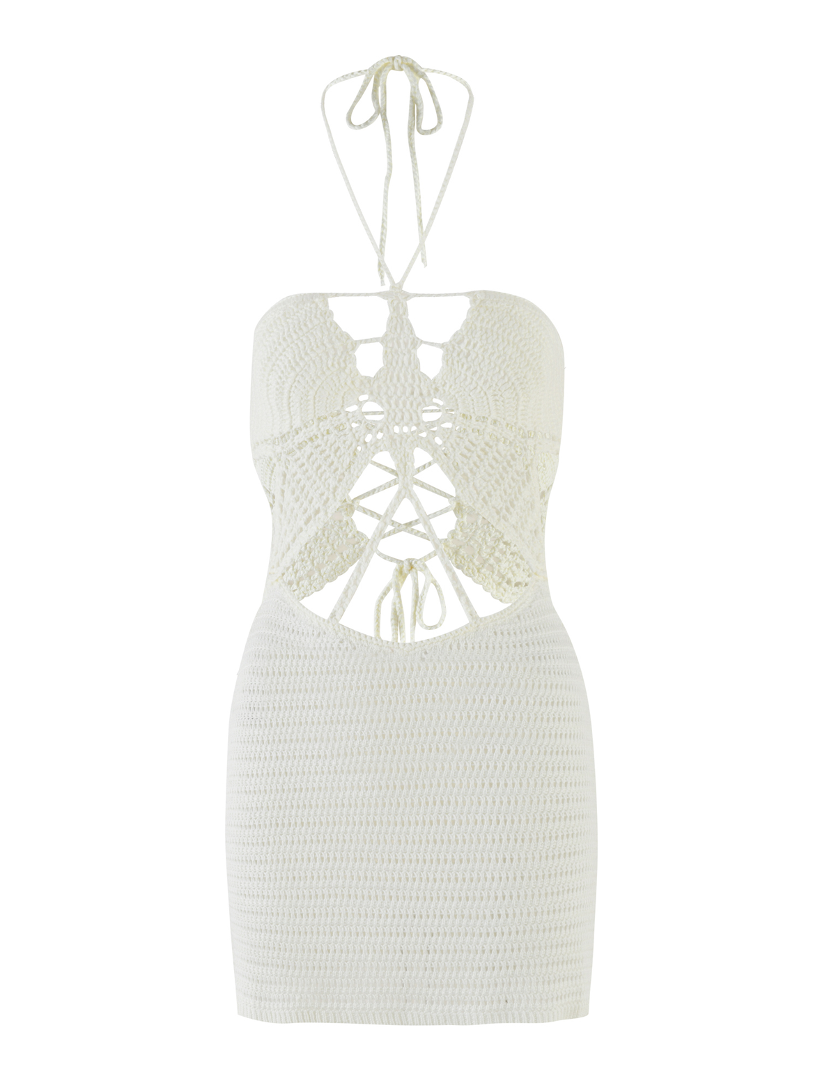 The AZADI MINI DRESS by TIGERMIST is a white crochet halter neck dress with a fitted skirt, cut-out front details, and crisscross lace-up ties at the bust and waist.