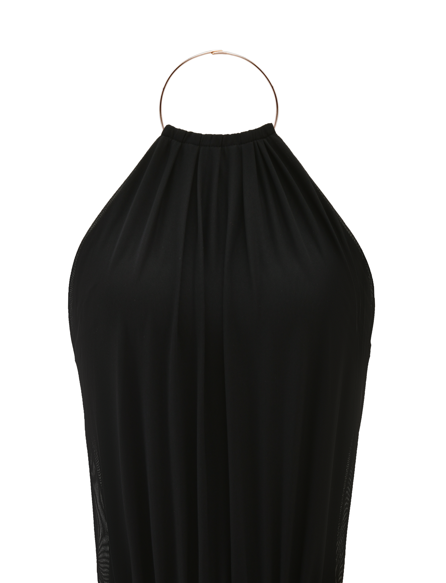The TIGERMIST EVANNA MINI DRESS - BLACK is a sleeveless mini dress featuring a high halter neckline and gold metal choker detail, shown on a white background.