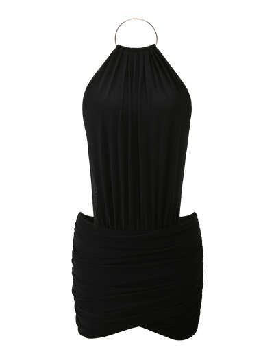 The TIGERMIST EVANNA MINI DRESS - BLACK is a halter-neck, open-back dress with a fitted ruched skirt and a metallic circle detail at the neckline, shown on a plain white background.