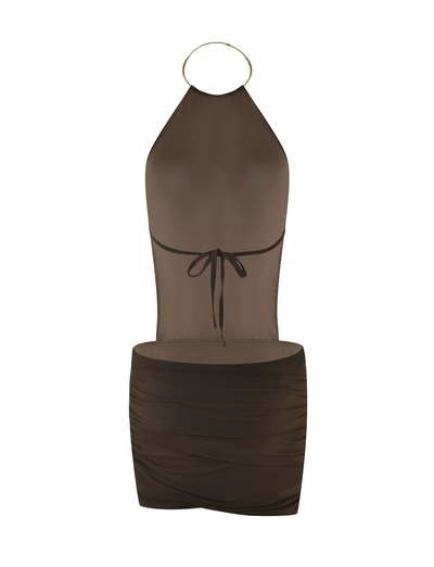 The EVANNA MINI DRESS - BROWN : CHOCOLATE by TIGERMIST is a sheer chocolate mini dress with a gold neck ring, mesh bodice, thin back tie, and ruched bodycon skirt. Features a high neck, see-through top, and solid bottom.