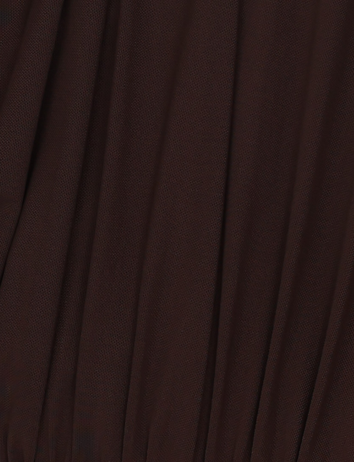 Close-up of the TIGERMIST EVANNA MINI DRESS in Chocolate Brown, featuring a slightly sheer, textured fabric with vertical pleats and folds.
