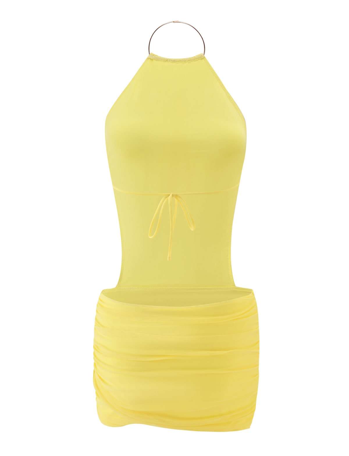 The TIGERMIST EVANNA MINI DRESS - YELLOW is a sleeveless, halter-neck mini with a high neck metallic ring, fitted bodice, thin waist tie, and ruched skirt. Displayed on a plain white background.