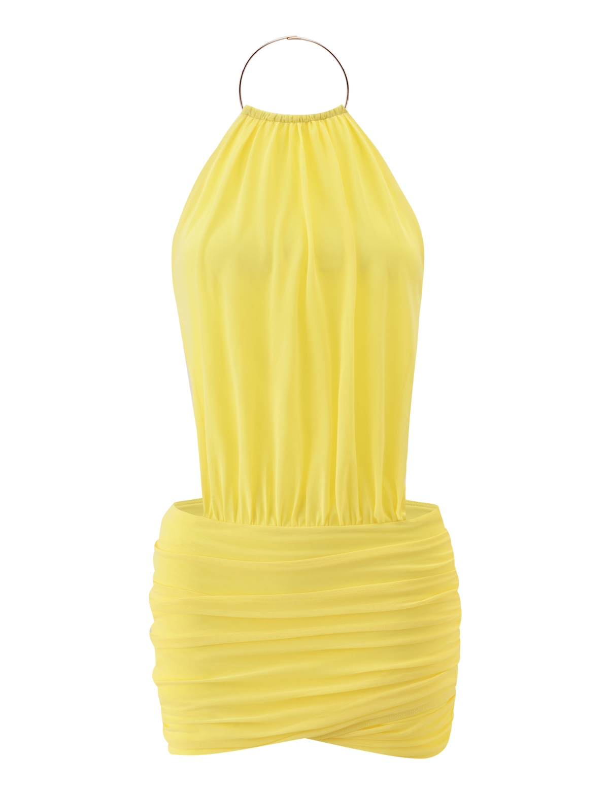 The TIGERMIST EVANNA MINI DRESS in yellow is a sleeveless halter neck dress with a gathered, blouson-style top and a fitted, ruched mini skirt for a chic look.