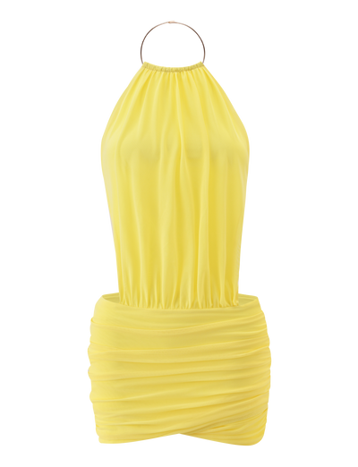 The TIGERMIST EVANNA MINI DRESS in yellow is a sleeveless halter neck dress with a gathered, blouson-style top and a fitted, ruched mini skirt for a chic look.