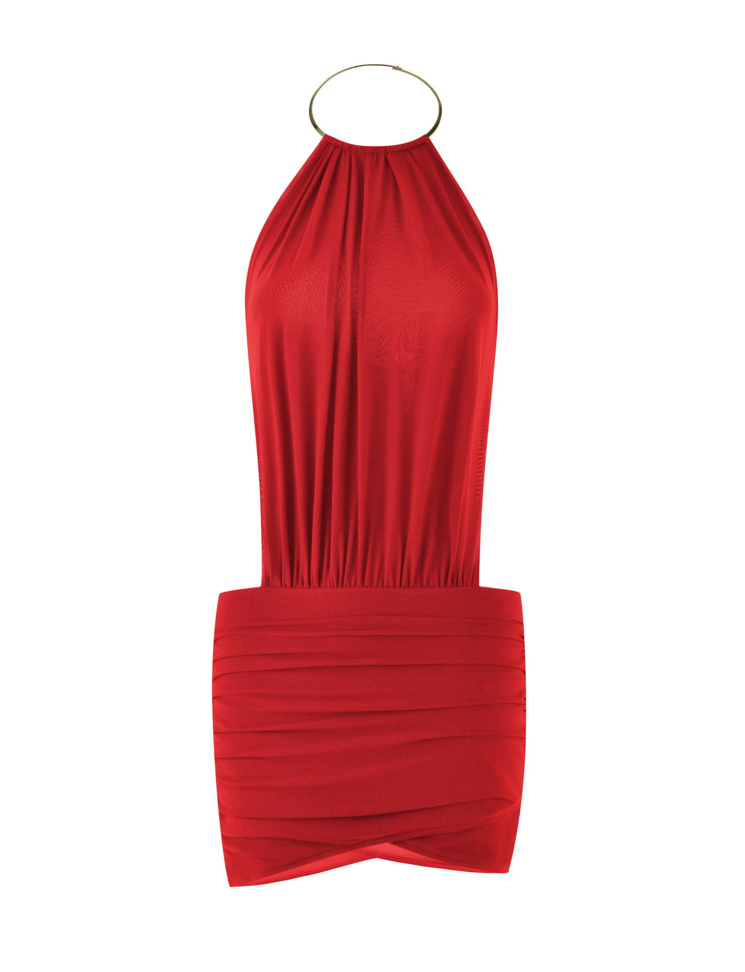 The TIGERMIST EVANNA MINI DRESS in deep red is a sleeveless, short halter mini dress with a gold ring neckline, a draped loose top, and a ruched fitted bodycon skirt for a textured, form-flattering look.