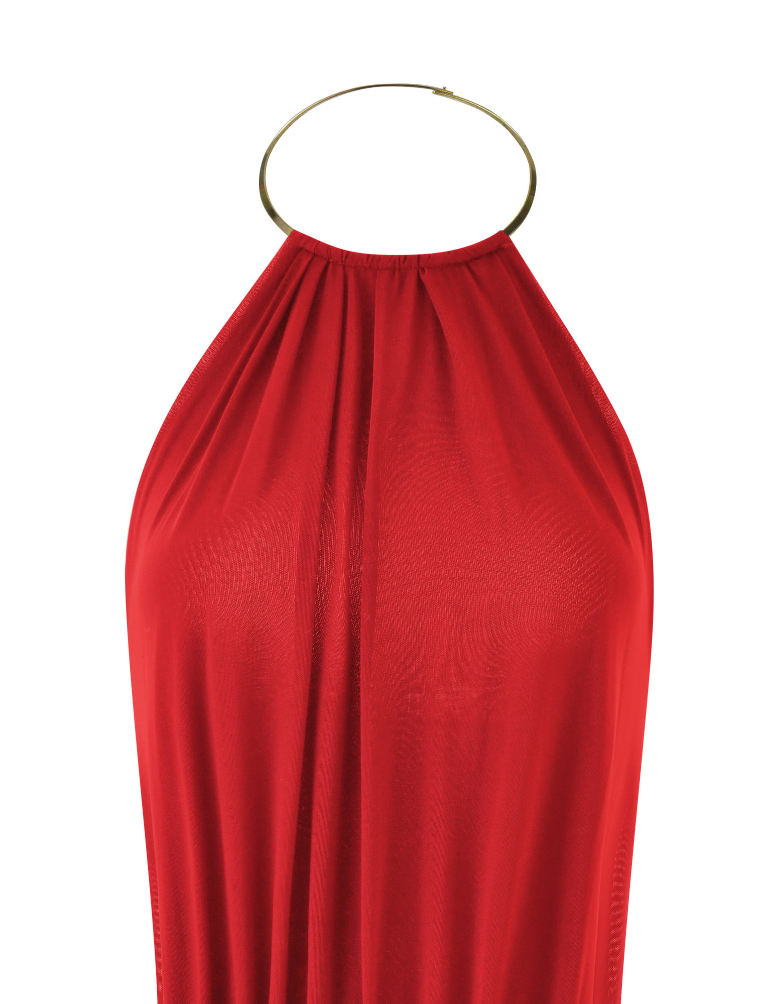 The EVANNA MINI DRESS by TIGERMIST is a deep red mini with a loose, draped neckline and a gold circular metal collar strap. Its smooth, slightly shiny fabric offers a chic update to the classic high-neck mini dress.