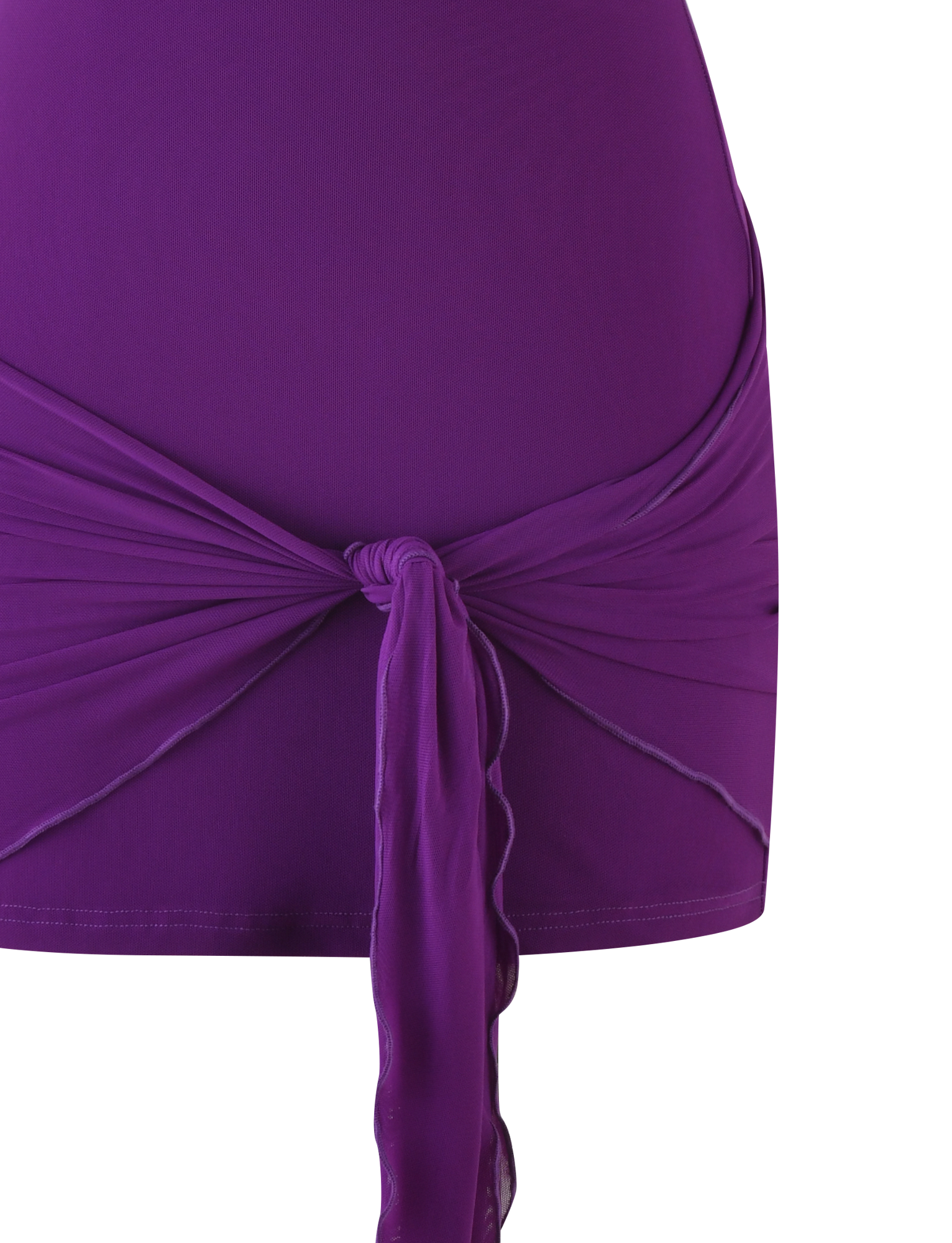 Close-up of the TIGERMIST JUSTINA MINI DRESS - PURPLE, a mesh halter neck mini dress with a tied sash at the waist. The knot and draped ends are visible at the front, set against a rich purple background.
