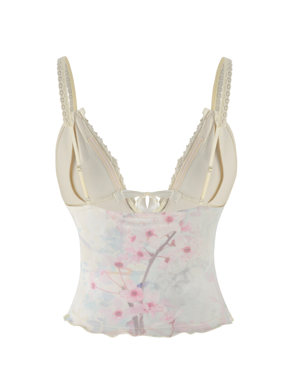 The LONIE TOP by TIGERMIST is a sheer, light cream camisole with pearl-trimmed straps, pink washed cherry blossom print, bodycon fit, and scalloped hem. Shown against a white background.