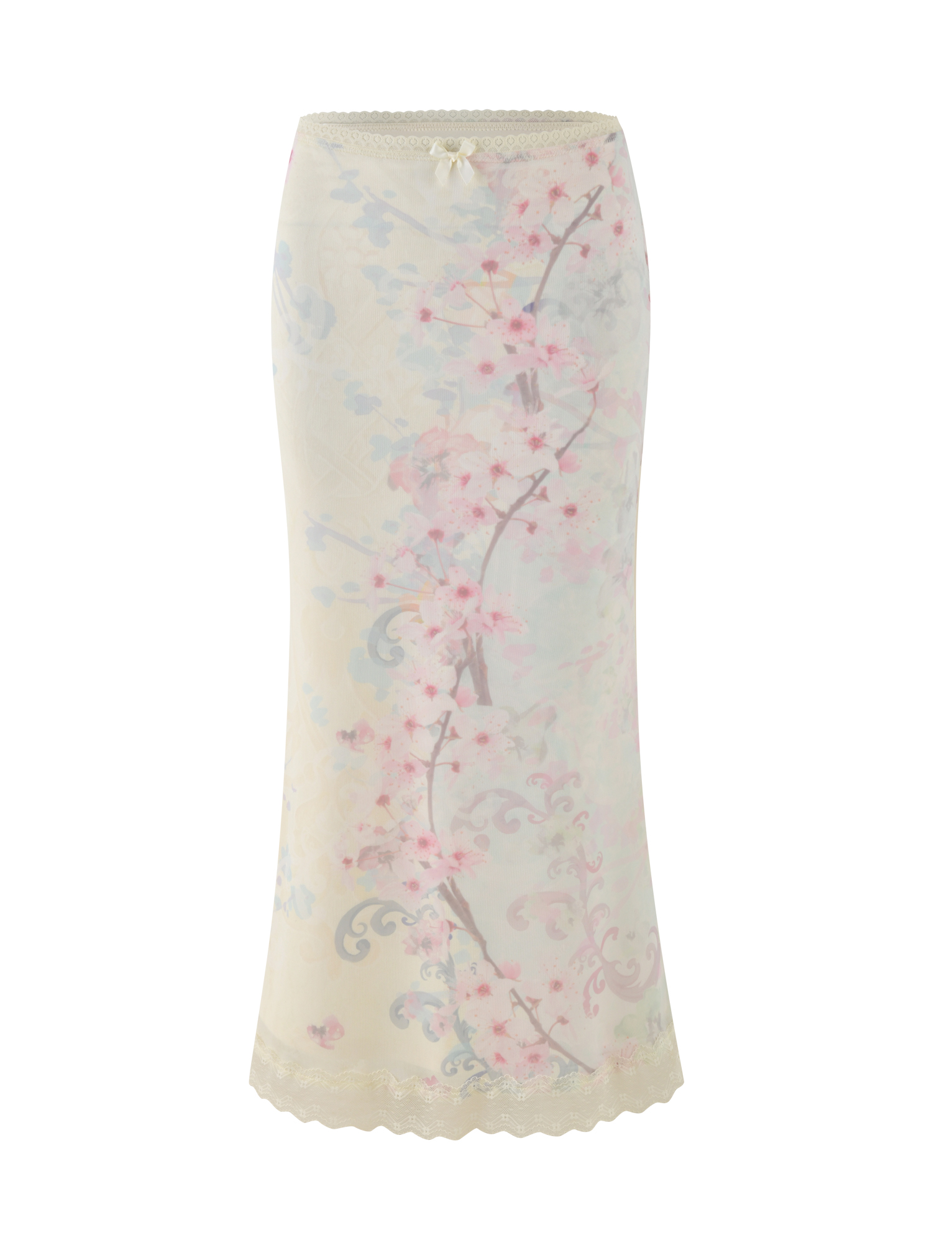 The TIGERMIST LONIE MIDI SKIRT in Neutral features a washed cherry blossom floral print, lace trim at the waist and hem, and a delicate bow at the waistband.