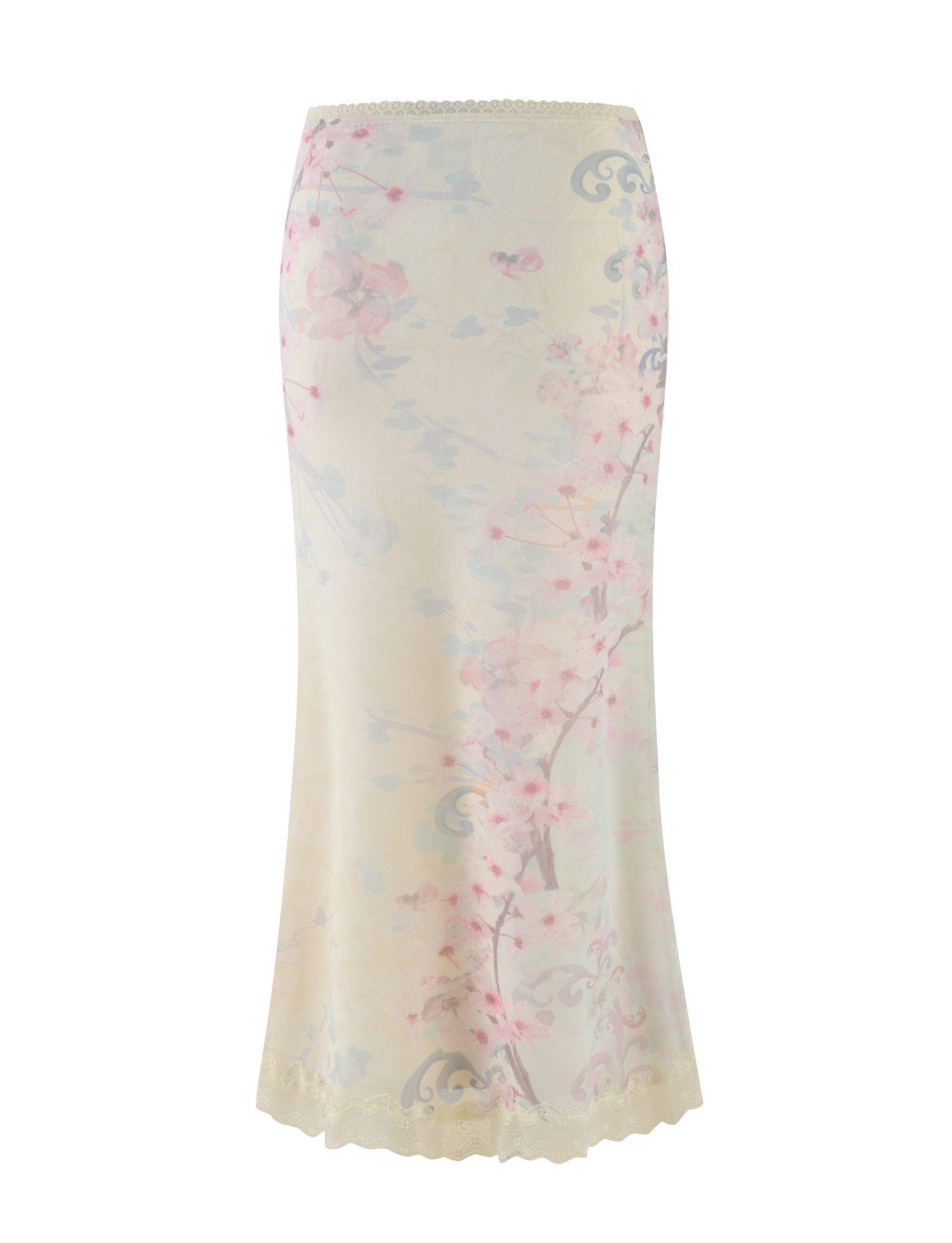 The LONIE MIDI SKIRT by TIGERMIST features a cream mesh design with subtle pink and lavender floral accents, a gently flared hem, and elegant lace trim at the waistband and bottom edge. Color: Neutral Floral, Washed Cherry Blossom.