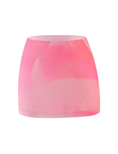 The TIGERMIST SARIAH MINI SKIRT in Pink Blossom features a macro floral print and a fitted silhouette with high-stretch fabric, shown on a white background.