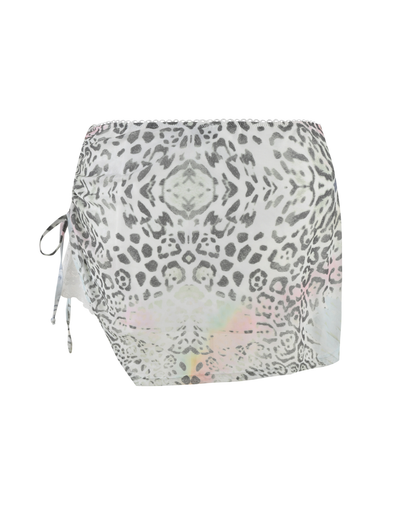 The TIGERMIST JOSEPHINE MINI SKIRT features a fitted, ruched design with a white animal print and side drawstring tie.
