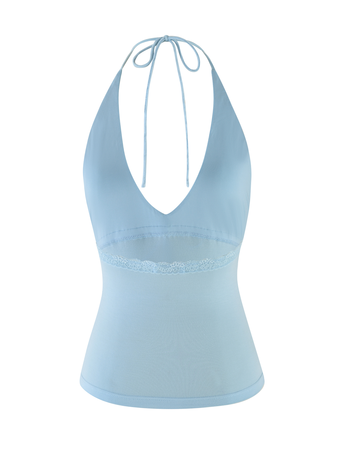 The MELLIE HALTER TOP - BLUE by TIGERMIST is a baby blue halter with a deep V-neckline, lace trim under the bust, neck tie, and crafted from soft jersey for a smooth fit. Displayed on a plain white background.