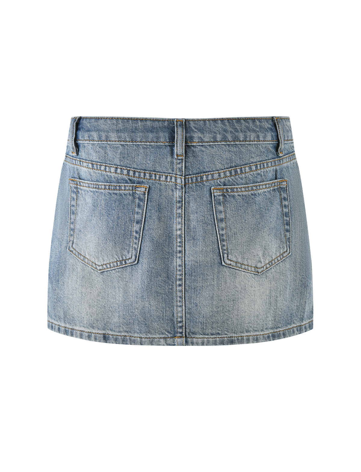 The TIGERMIST MICHAYLA MINI SKIRT - MID WASH features a back view with classic five-pocket styling, belt loops, two back pockets, and faded light blue denim details.