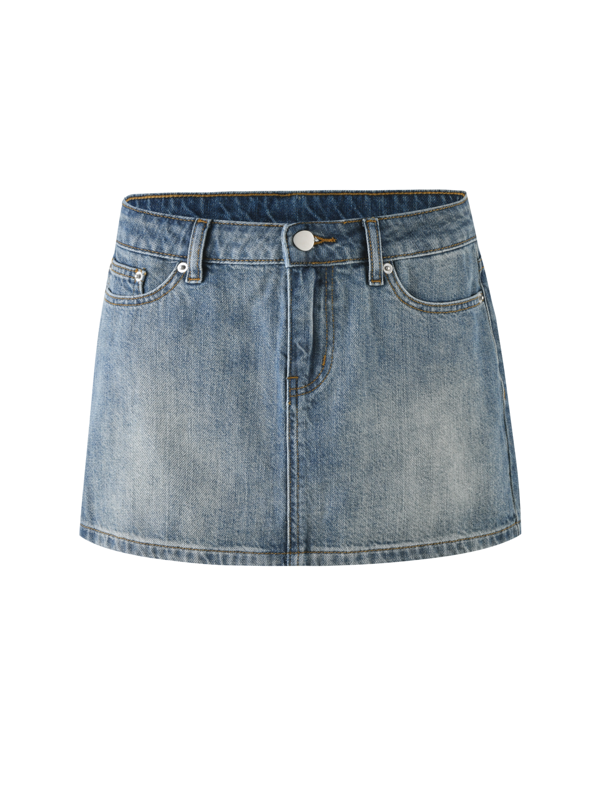 The MICHAYLA MINI SKIRT - MID WASH by TIGERMIST is a blue denim mini skirt with five pocket styling, belt loops, a front button and zipper closure, metal rivets, and a slightly faded look.