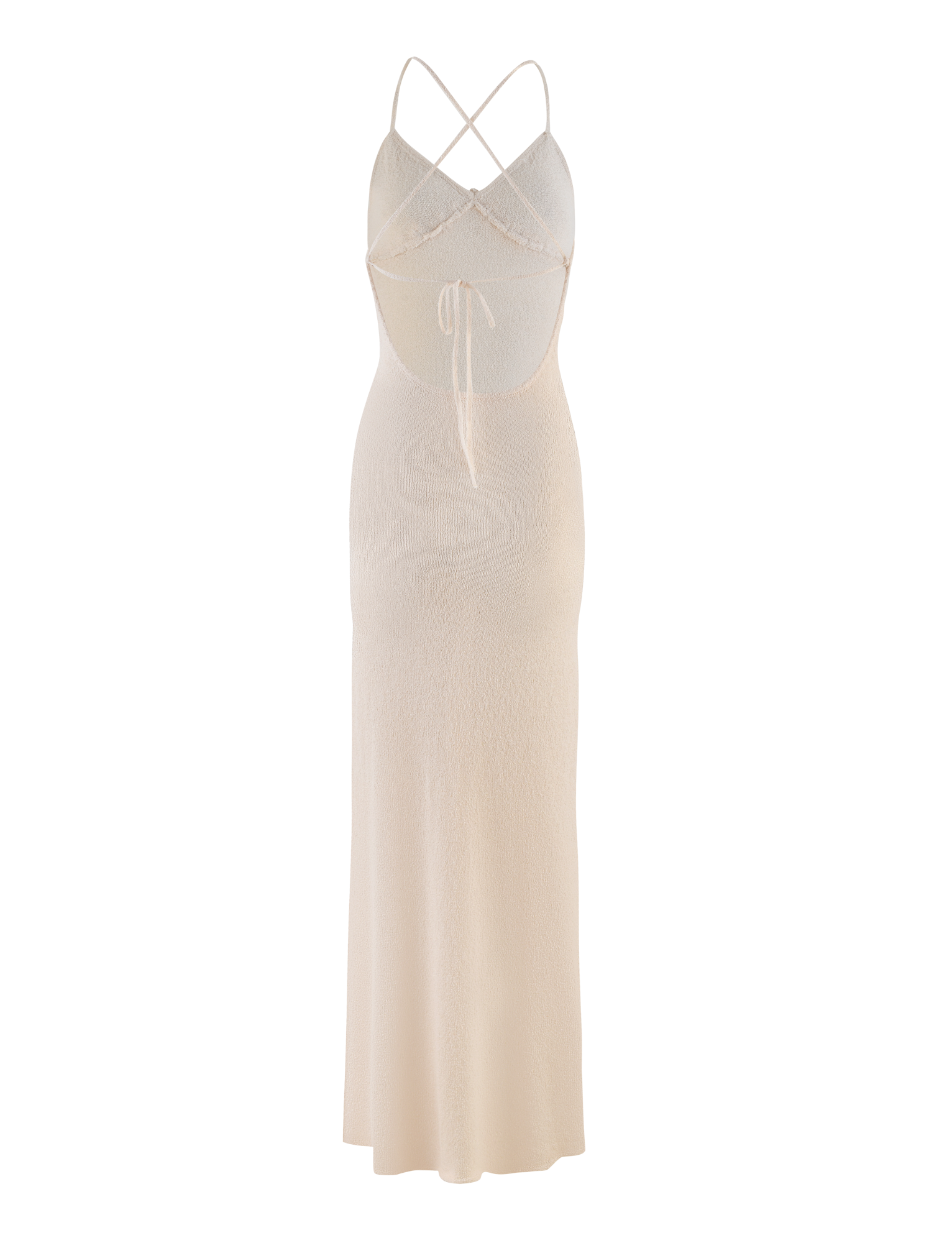 The TIGERMIST LAVELLE MAXI DRESS in cream is a sleeveless knit dress featuring a fitted bodice, thin crisscross straps, open back, front keyhole cutout with tie detail under the bust, and a straight midi-length skirt.