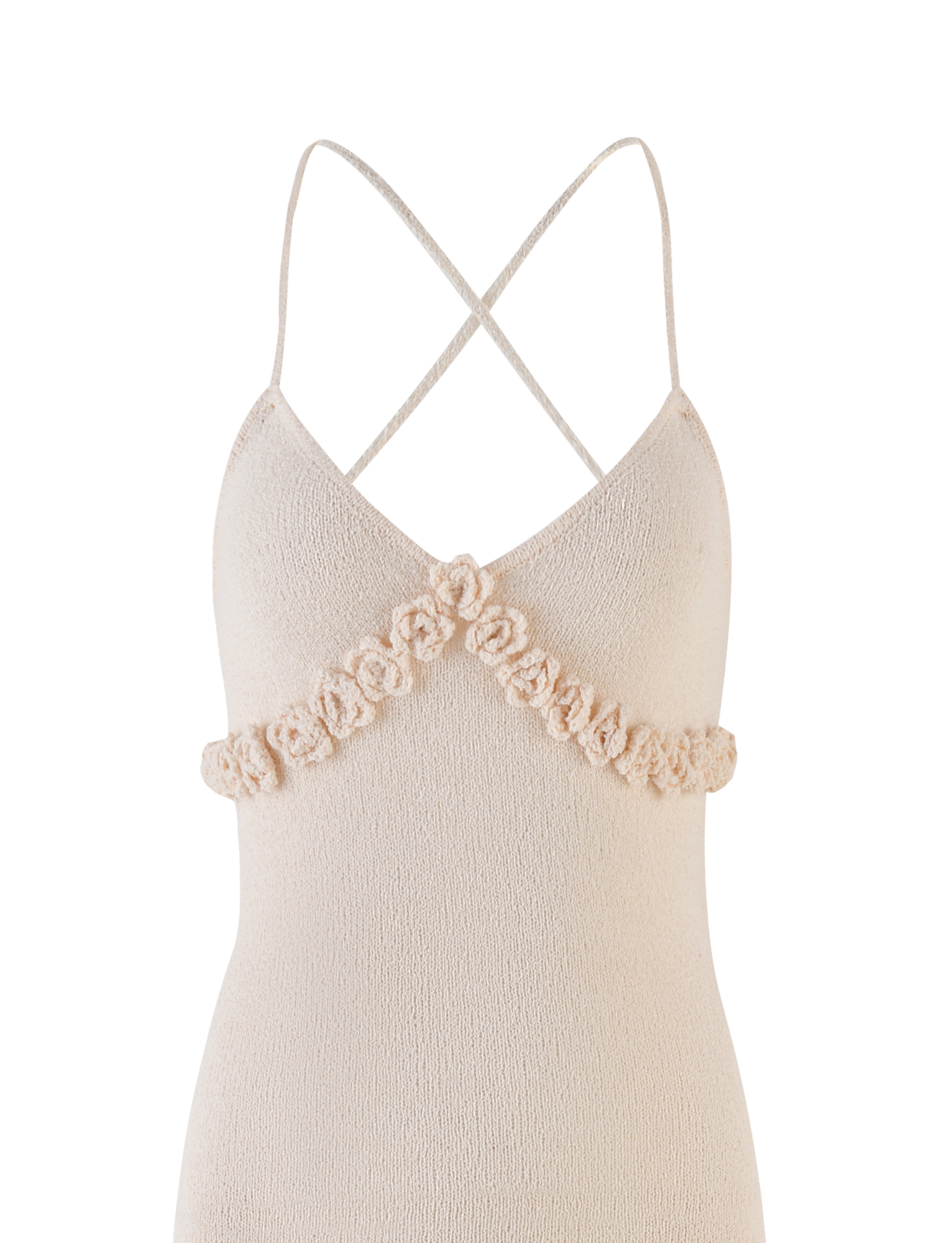 The TIGERMIST LAVELLE MAXI DRESS in cream features thin crisscross straps, an open back, and textured floral embellishments under the bust.